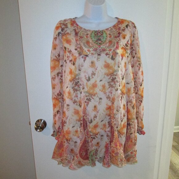 Umgee Orange Floral Paisley Boho Mini Dress Tunic Sz L NWT - Picture 2 of 11